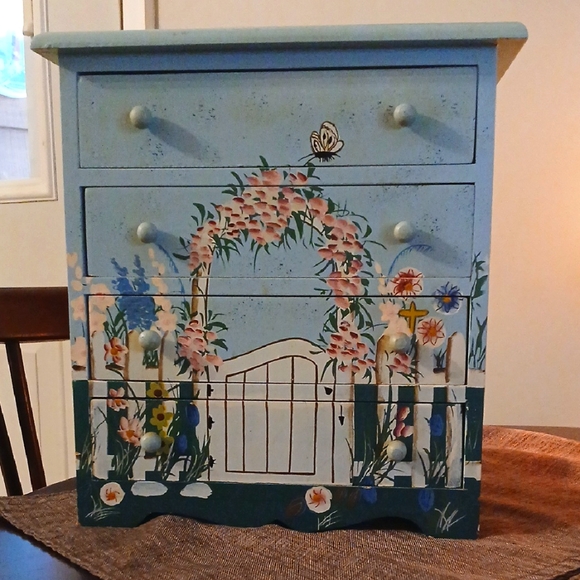 Hand-Painted Floral Blue Wooden Chest - Picture 1 of 8